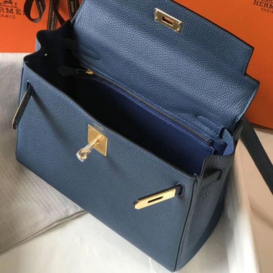 Replica Hermes Kelly 28cm Retourne Bag Blue Agate Clemence 