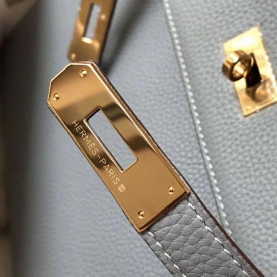 Replica Hermes Kelly 28cm Retourne Bag Blue Lin Clemence 