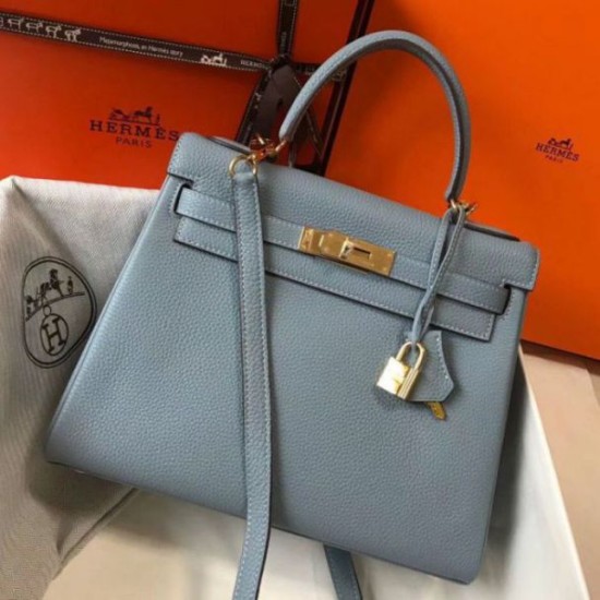 Replica Hermes Kelly 28cm Retourne Bag Blue Lin Clemence 