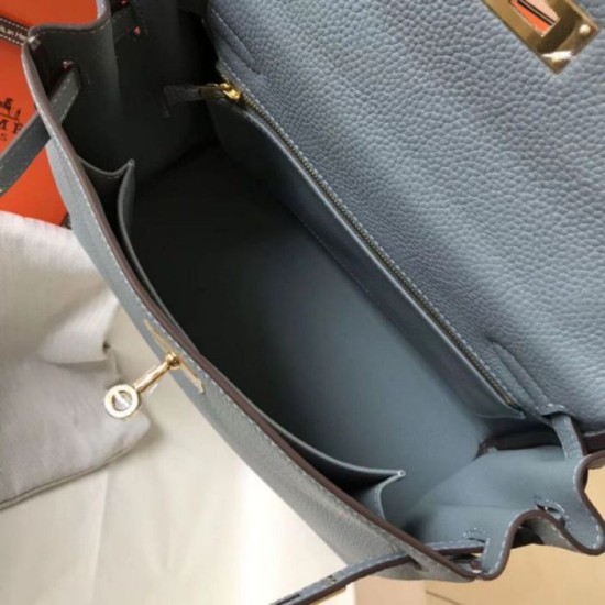 Replica Hermes Kelly 28cm Retourne Bag Blue Lin Clemence 