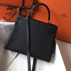 Fake Hermes Kelly 28cm Retourne Bag Black Clemence  Replica