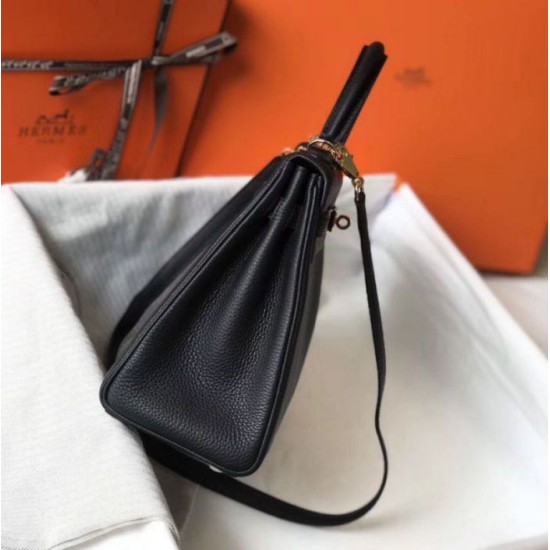 Fake Hermes Kelly 28cm Retourne Bag Black Clemence  Replica