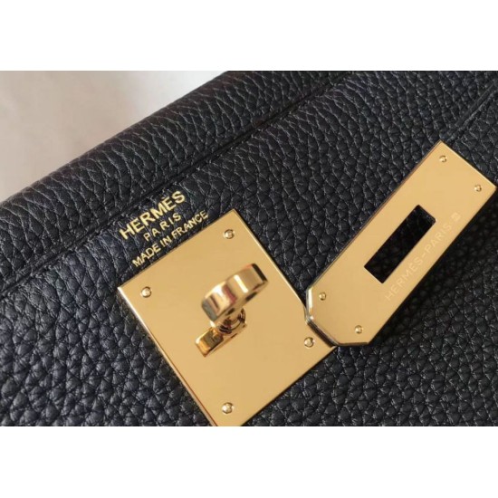 Fake Hermes Kelly 28cm Retourne Bag Black Clemence  Replica