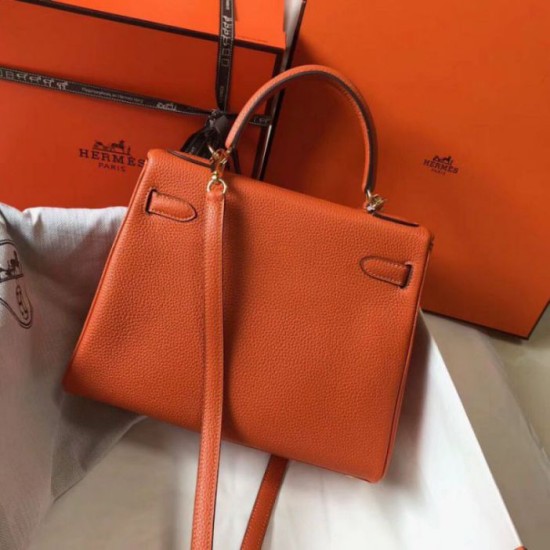 Fake Hermes Kelly 28cm Retourne Bag Orange Clemence  Replica