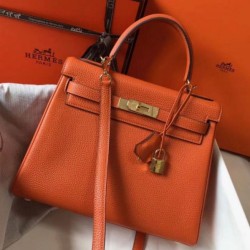 Fake Hermes Kelly 28cm Retourne Bag Orange Clemence  Replica