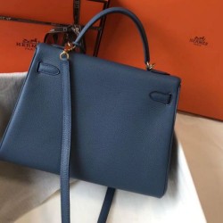 Fake Hermes Kelly 32cm Retourne Bag Blue Agate Clemence  Replica
