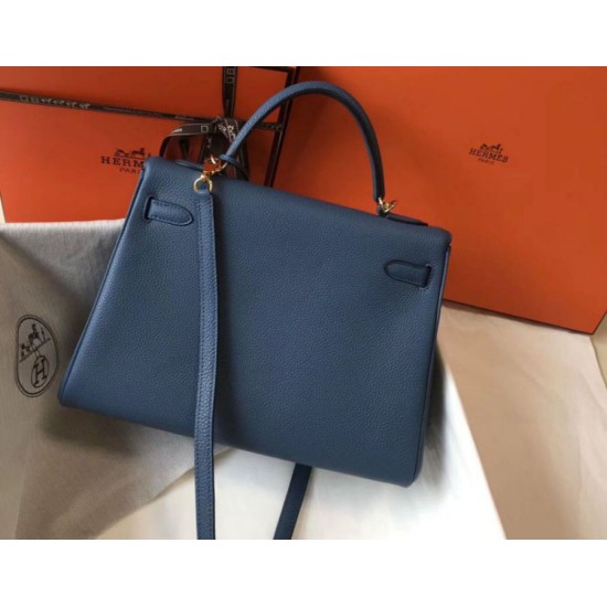 Fake Hermes Kelly 32cm Retourne Bag Blue Agate Clemence  Replica