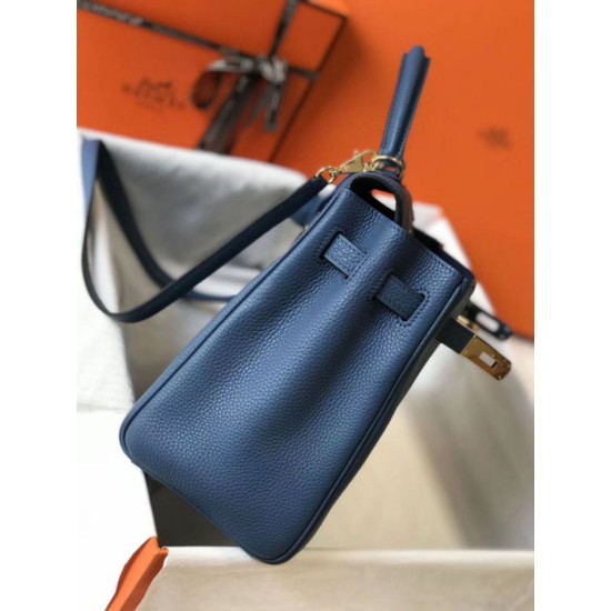 Fake Hermes Kelly 32cm Retourne Bag Blue Agate Clemence  Replica