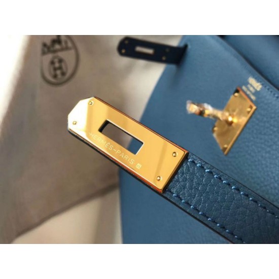 Fake Hermes Kelly 32cm Retourne Bag Blue Agate Clemence  Replica