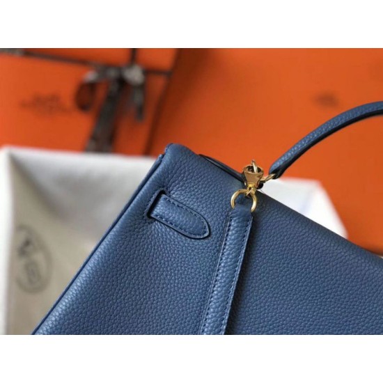 Fake Hermes Kelly 32cm Retourne Bag Blue Agate Clemence  Replica