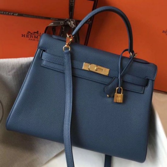 Fake Hermes Kelly 32cm Retourne Bag Blue Agate Clemence  Replica