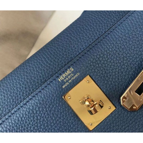 Fake Hermes Kelly 32cm Retourne Bag Blue Agate Clemence  Replica