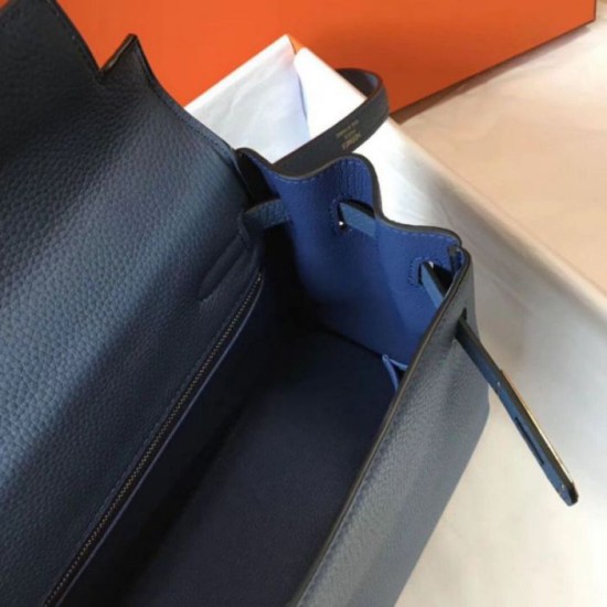 Fake Hermes Kelly 32cm Retourne Bag Blue Agate Clemence  Replica