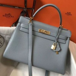 Replica Hermes Kelly 32cm Retourne Bag Blue Lin Clemence 