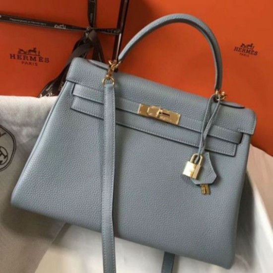 Replica Hermes Kelly 32cm Retourne Bag Blue Lin Clemence 
