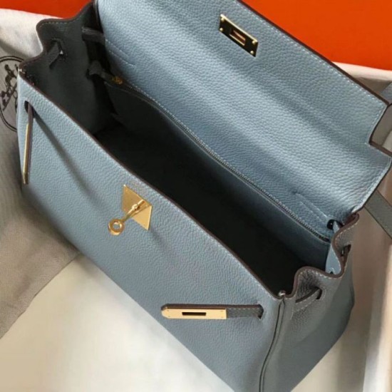 Replica Hermes Kelly 32cm Retourne Bag Blue Lin Clemence 