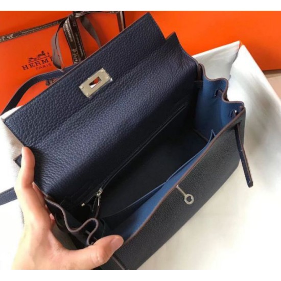 Replica Hermes Kelly 32cm Retourne Bag Navy Blue Clemence 