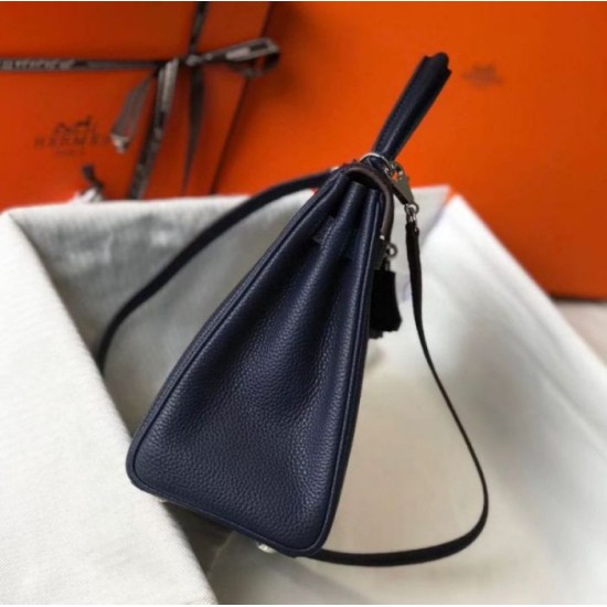 Replica Hermes Kelly 32cm Retourne Bag Navy Blue Clemence 