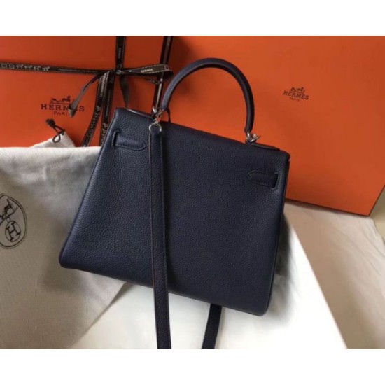 Replica Hermes Kelly 32cm Retourne Bag Navy Blue Clemence 
