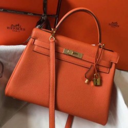 Replica Hermes Kelly 32cm Retourne Bag Orange Clemence 