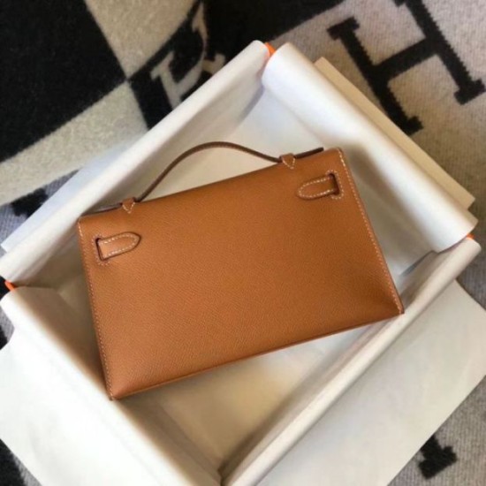 Replica Hermes Kelly Pochette Bag Gold Epsom 