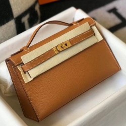 Replica Hermes Kelly Pochette Bag Gold Epsom 