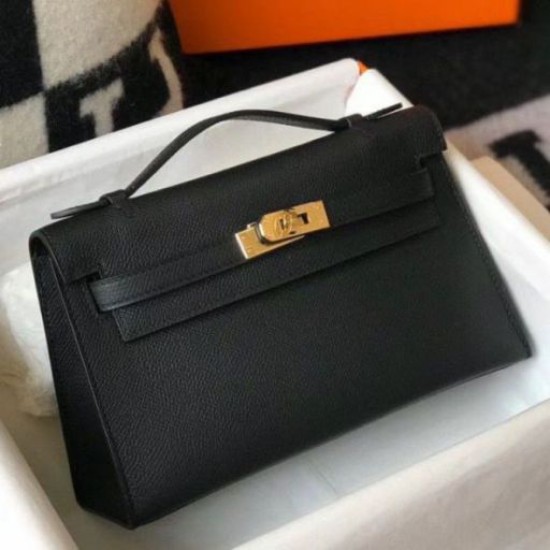 Replica Hermes Kelly Pochette Bag Black Epsom 