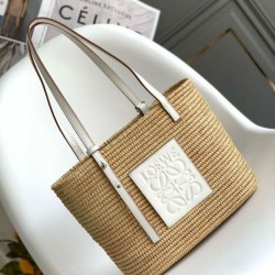 Replica Loewe Small Square Basket Bag Raffia and White Calfskin