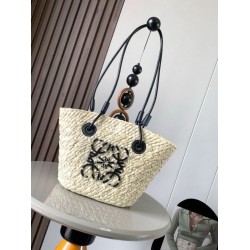 Replica Loewe Small Anagram Basket Bag Iraca Palm and Black Calfskin