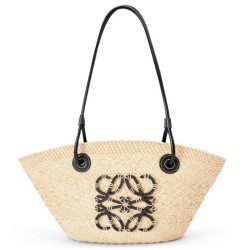 Replica Loewe Small Anagram Basket Bag Iraca Palm and Black Calfskin