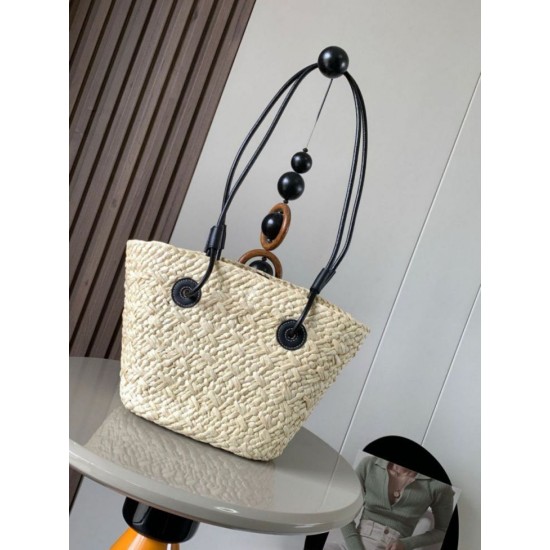 Replica Loewe Small Anagram Basket Bag Iraca Palm and Black Calfskin