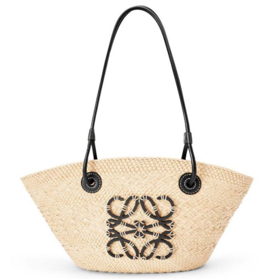 Replica Loewe Small Anagram Basket Bag Iraca Palm and Black Calfskin