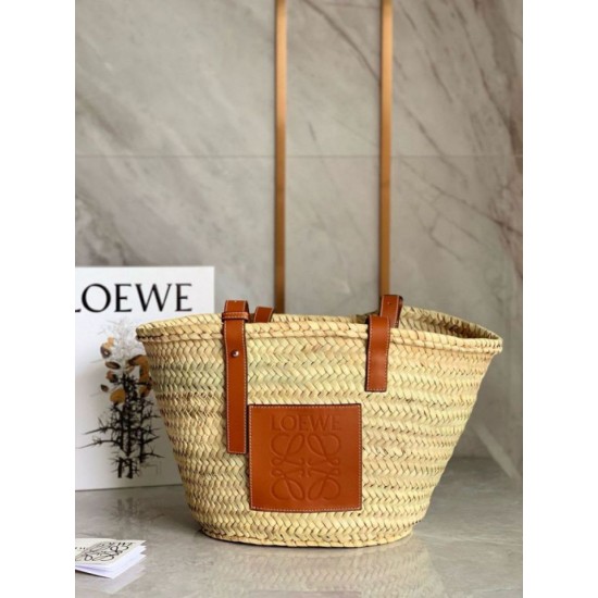 Replica Loewe Medium Basket Bag Raffia and Brown Calfskin
