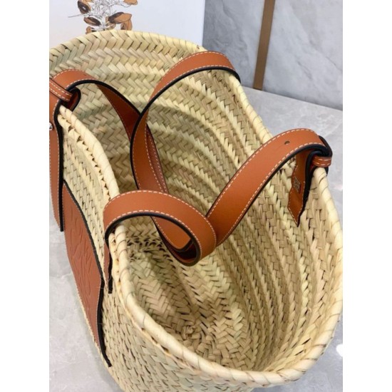 Replica Loewe Medium Basket Bag Raffia and Brown Calfskin