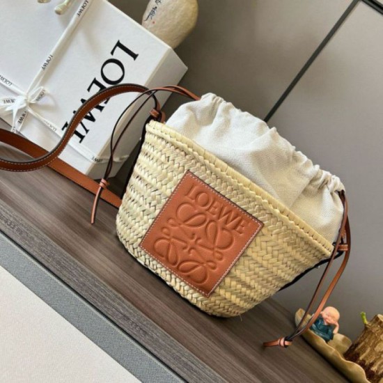 Replica Loewe Drawstring Bucket Bag Palm Leaf and Brown Calfskin Fake Loewe Drawstring Bucket Bag Palm Leaf and Brown Calfskin Replica