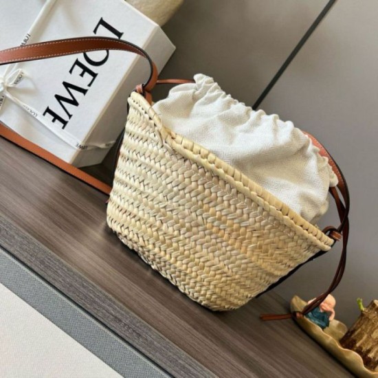 Replica Loewe Drawstring Bucket Bag Palm Leaf and Brown Calfskin Fake Loewe Drawstring Bucket Bag Palm Leaf and Brown Calfskin Replica
