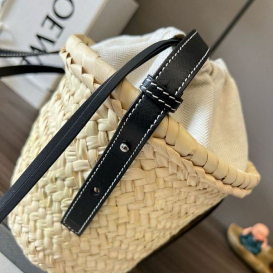 Replica Loewe Drawstring Bucket Bag Palm Leaf and Black Calfskin Replica Loewe Drawstring Bucket Bag Palm Leaf and Black Calfskin