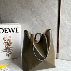 Replica Loewe Medium Puzzle Fold Tote Bag Dark Green Calfskin