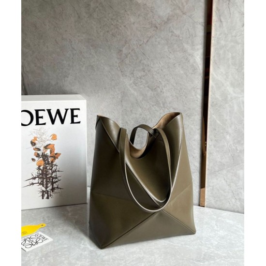 Replica Loewe Medium Puzzle Fold Tote Bag Dark Green Calfskin