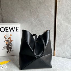 Replica Loewe Medium Puzzle Fold Tote Bag Black Calfskin