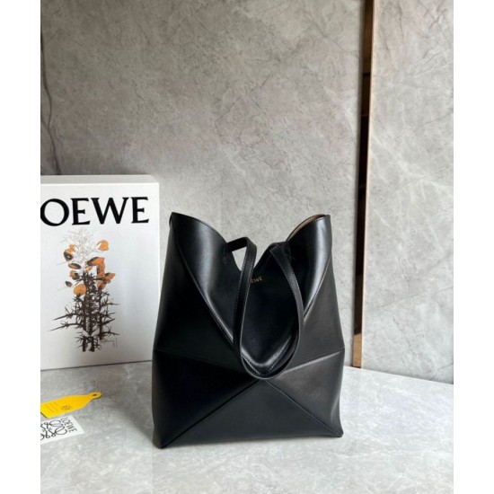 Replica Loewe Medium Puzzle Fold Tote Bag Black Calfskin