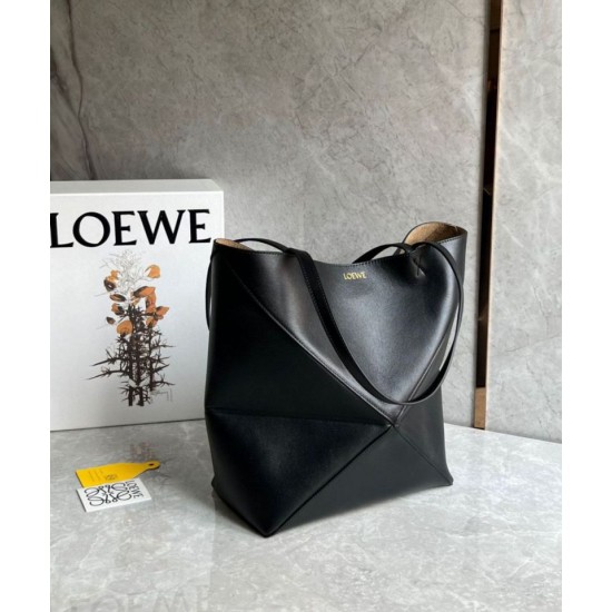 Replica Loewe Medium Puzzle Fold Tote Bag Black Calfskin