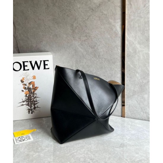 Replica Loewe Medium Puzzle Fold Tote Bag Black Calfskin