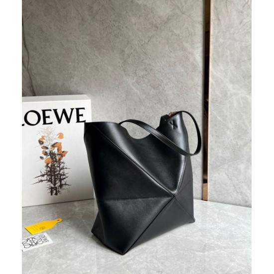 Replica Loewe Medium Puzzle Fold Tote Bag Black Calfskin