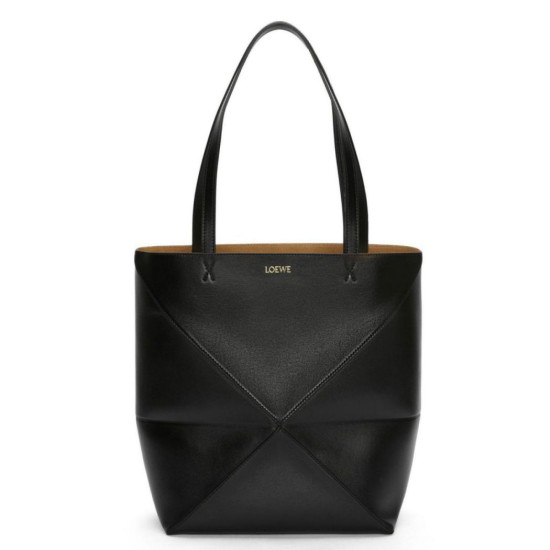 Replica Loewe Medium Puzzle Fold Tote Bag Black Calfskin