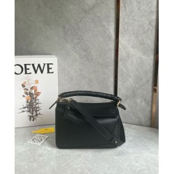 Fake Loewe Puzzle Small Bag Black Calfskin with Woven Handle Replica
