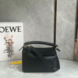 Fake Loewe Puzzle Small Bag Black Calfskin with Woven Handle Replica