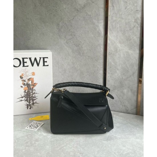 Fake Loewe Puzzle Small Bag Black Calfskin with Woven Handle Replica