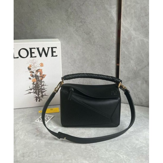 Fake Loewe Puzzle Small Bag Black Calfskin with Woven Handle Replica