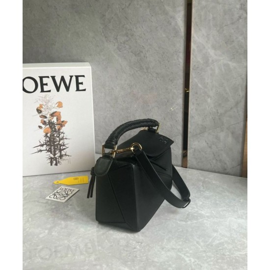 Fake Loewe Puzzle Small Bag Black Calfskin with Woven Handle Replica